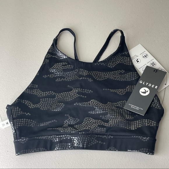 GLYDER NWT COMPLEX STRAPPY BACK SPORTS BRA BLACK CAMO STAR SILVER SMALL - Picture 3 of 6